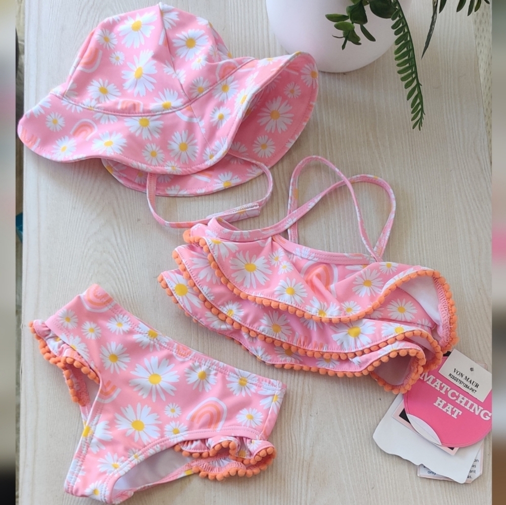 Andy & Evan Pink Daisy and Rainbow Tankini and Matching Hat Set Size 3/6M